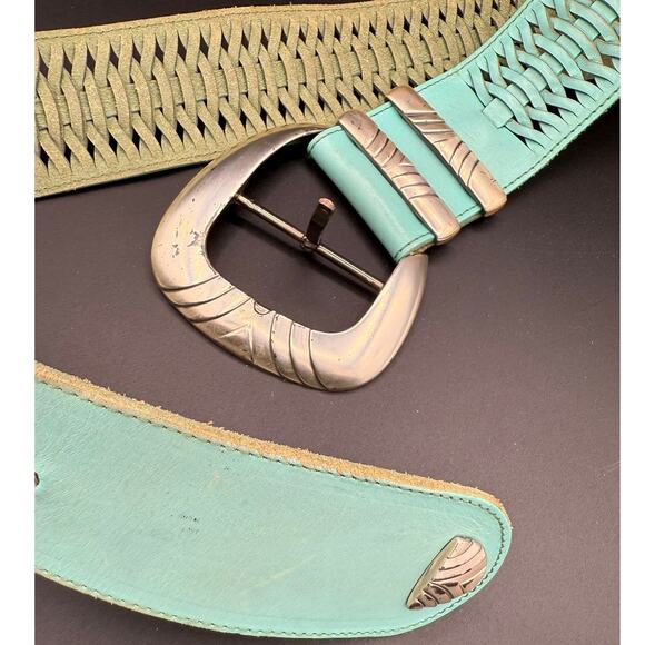 Vintage Western Buckle Teal Belt Leather Blue Silver Braided Cowgirl Retro Boho main image 4